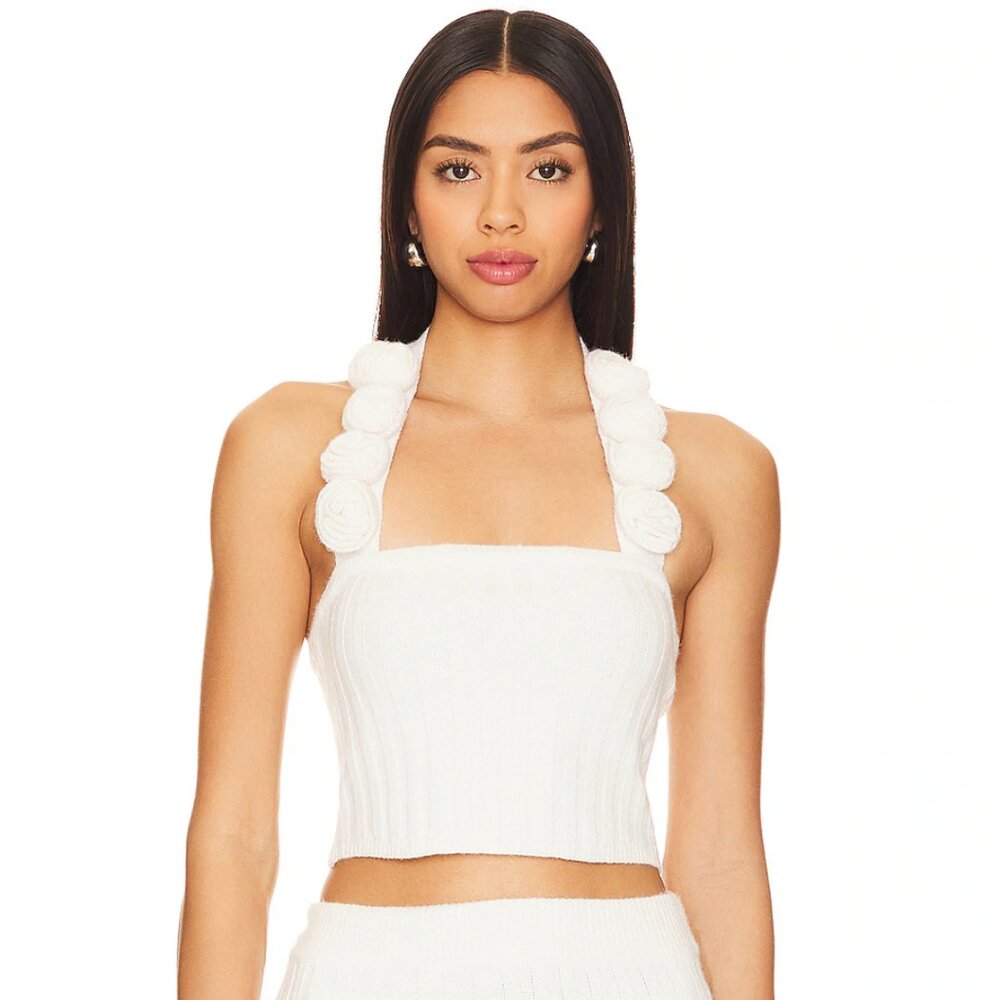 Majorelle | Amar‎ Rosette Rose Crochet Halter Knit Top in Ivory White Medium